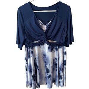 Navy Blue Twist Front Cutout Floral Mini Dress Short Sleeve XXL